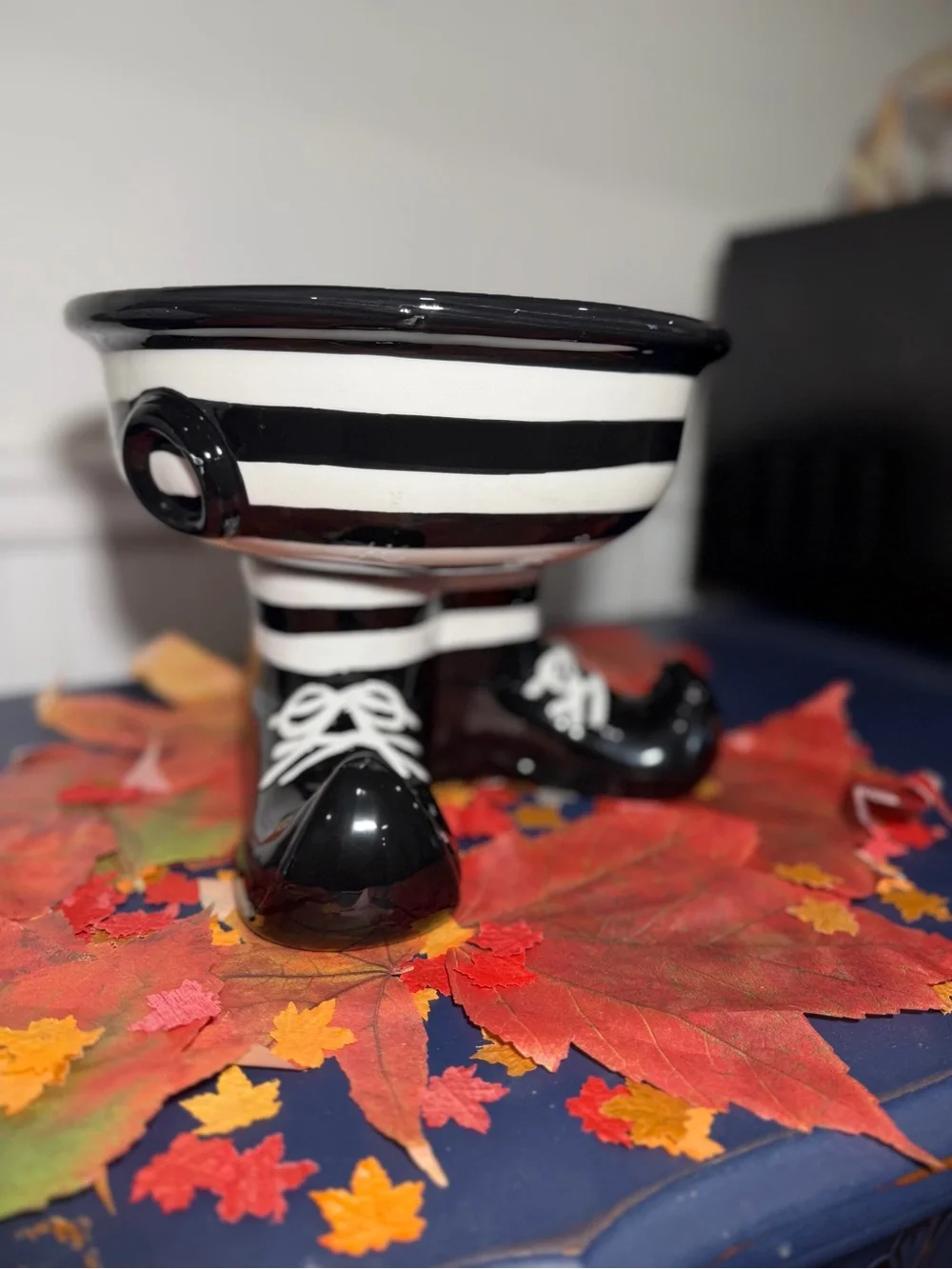 Mackenzie Child’s inspired Black and White Striped Ceramic Feet Halloween Bowl